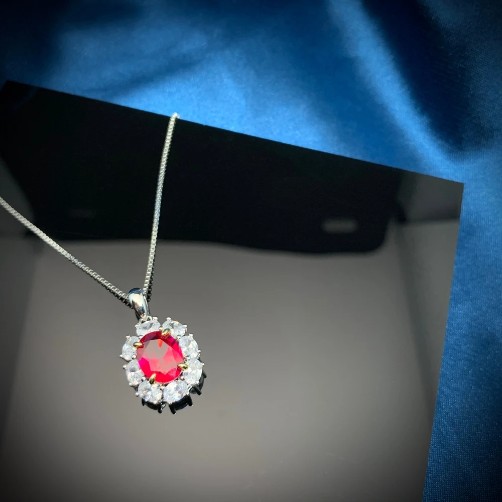

Wong Rain 925 Sterling Silver Oval Cut Ruby Created Moissanite Gemstone Wedding Party Classic Pendant Necklace Fine Jewelry
