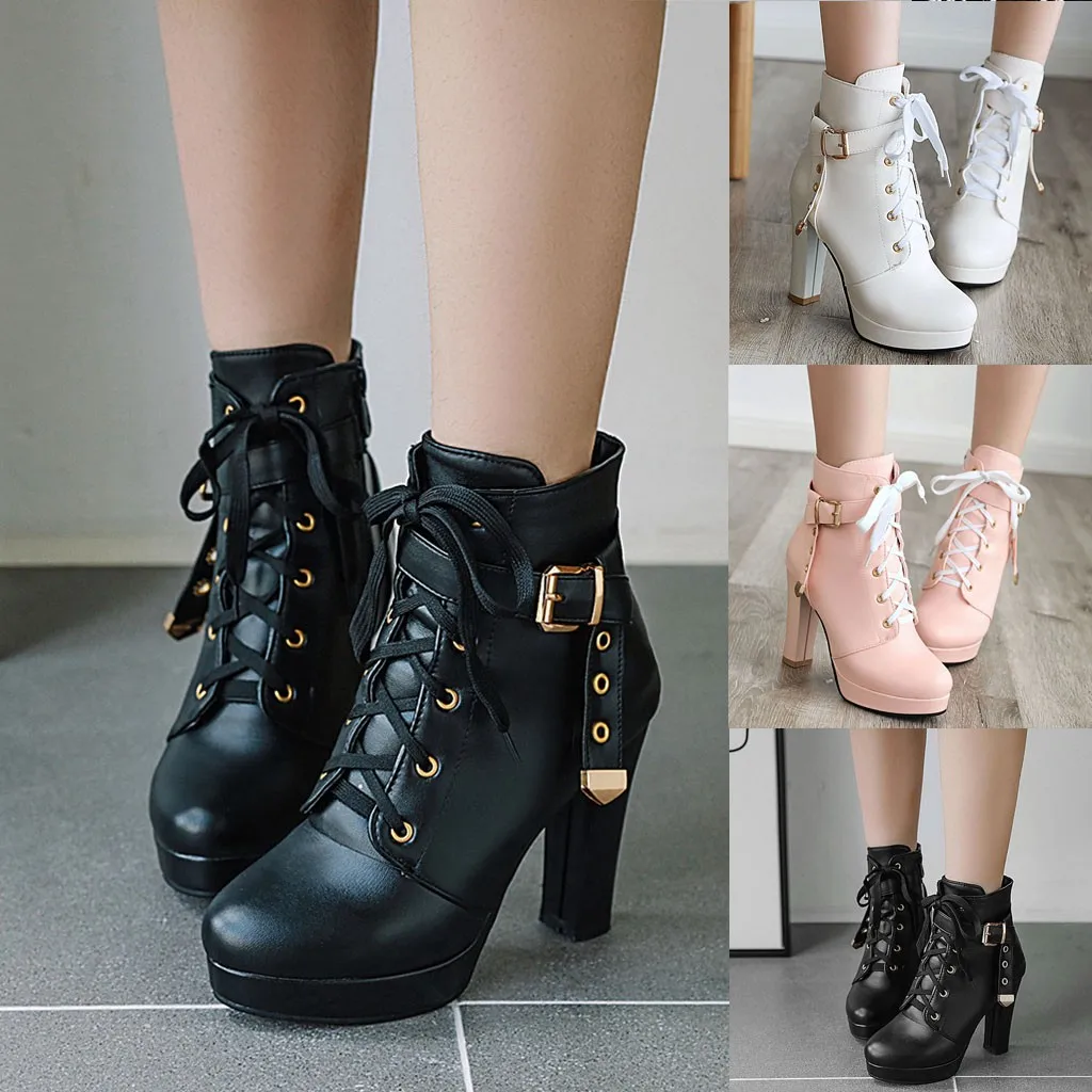 Женские ботинки из искусственной кожи на высоком каблуке и платформе|Женские