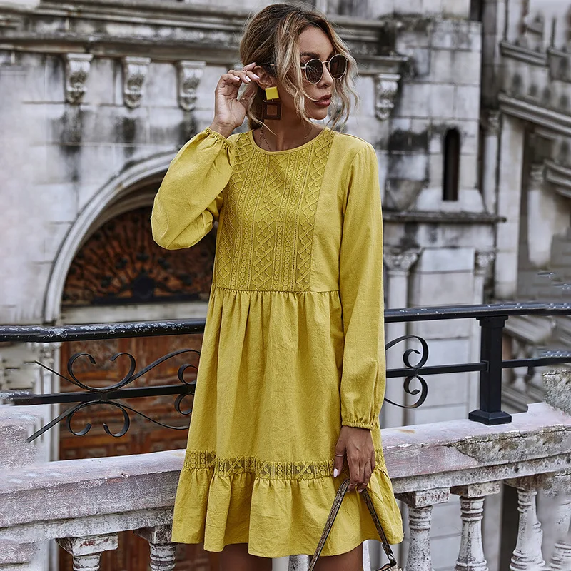 

Spring New Lace Patchwork Ruffle Dress Women Casual Loose Long Sleeve O Neck Dress 2021 Elegant Fashion Solid Color Party Dress