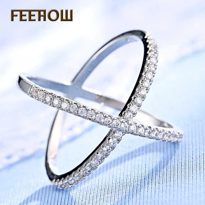 Женское кольцо с крестом FEEHOW Золотое микро покрытием и цирконием в форме х