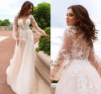 champagne lace floral vintage beach wedding dresses v neck long sleeves bridal dress a line sexy boho wedding gowns