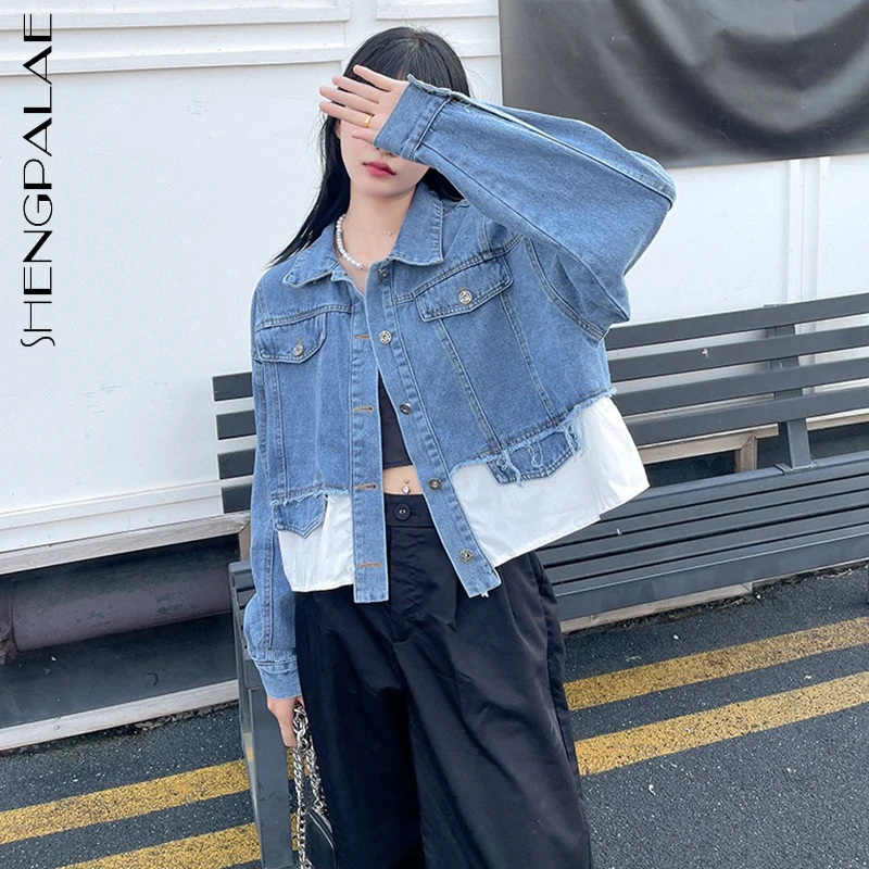 

SHNEGPALAE модный шикарный соединенный внакрой деним куртка Женская Осень 2021 новый отворот свободный одиночный Breatsed длинный рукав короткое пал...