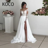 macdugal simple wedding dress long sleeve robe de mariage satin flower appliques high split elegant bride gown vistido de noiva
