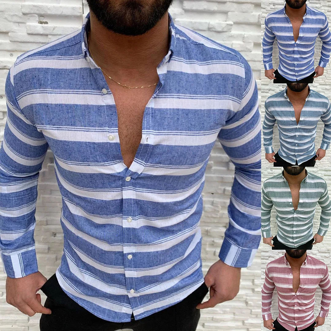 

Spring Autumn Casual Striped Print Shirts Men Fashion Button Lapel Slim Tops Vintage Mens Long Sleeve Shirt Streetwear