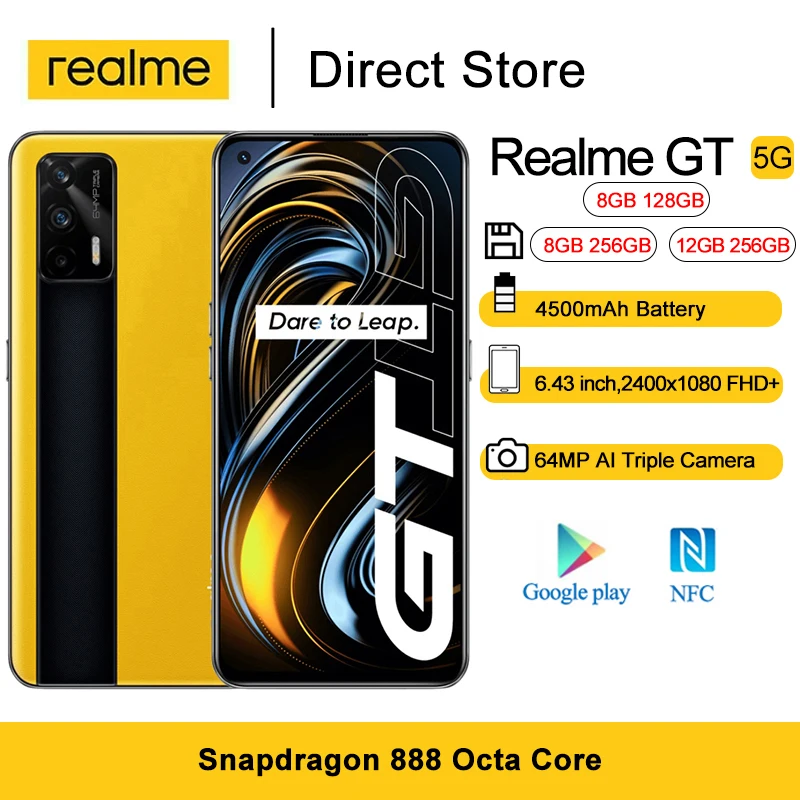 Realme GT 5G Android 11 сотовых телефонов 6 43 &quot16MP Фронтальная камера NFC Смартфон Snapdragon 888 Octa