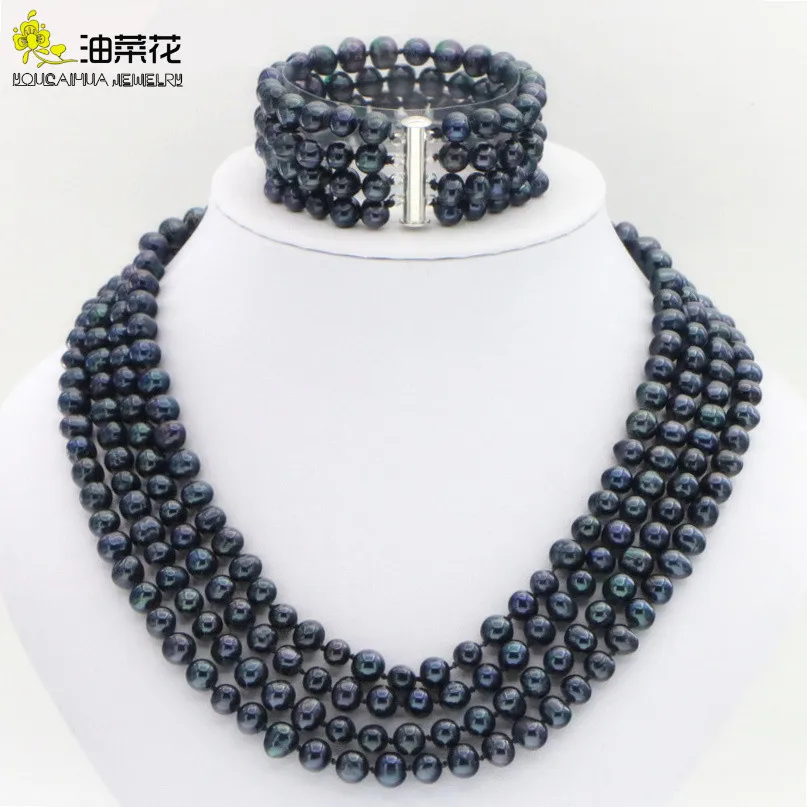 Комплект ювелирных украшений ожерелье и серьги из ракушек Черного Жемчуга 4 ряда