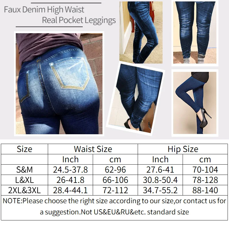 Леггинсы из искусственной джинсовой ткани с карманами высокой талией флисовой