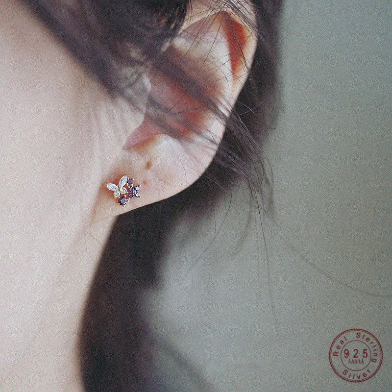 

925 Sterling Silver Plated 14k Gold Plating Purple Lavender Small Butterfly Stud Earrings Women Korean Elegant Ear Studs Jewelry