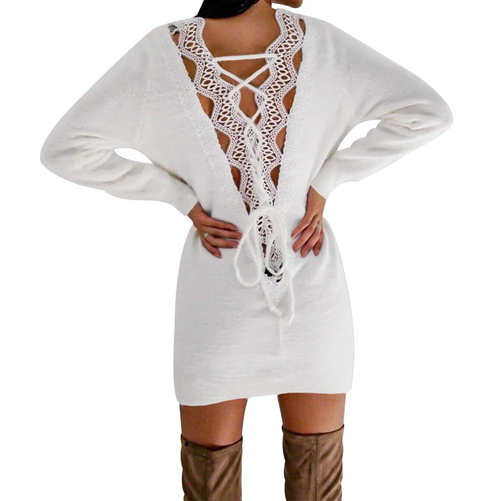 Женское платье-свитер цвета хаки с длинным рукавом открытая спина свободные топы