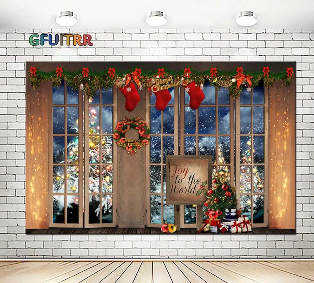 Фон для фотосъемки GFUITRR с надписью &quotMerry Christmas&quot новый год деревянное окно