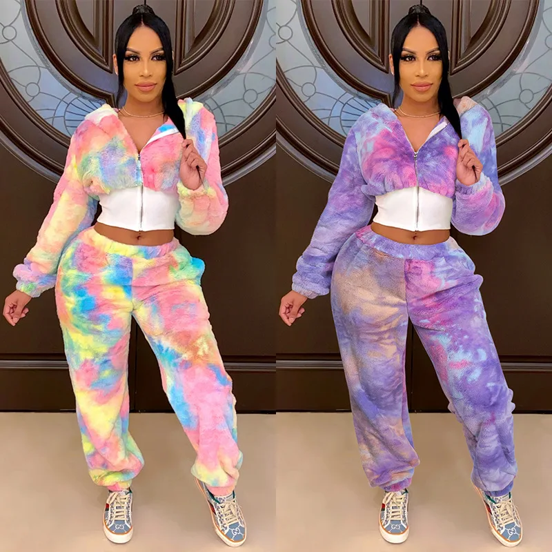 

Fashion Color Hooded Women Pant Set 2021 New Warm Plush Coat Elastic Waist Pants Suit Female Long Sleeve Two Piece Set