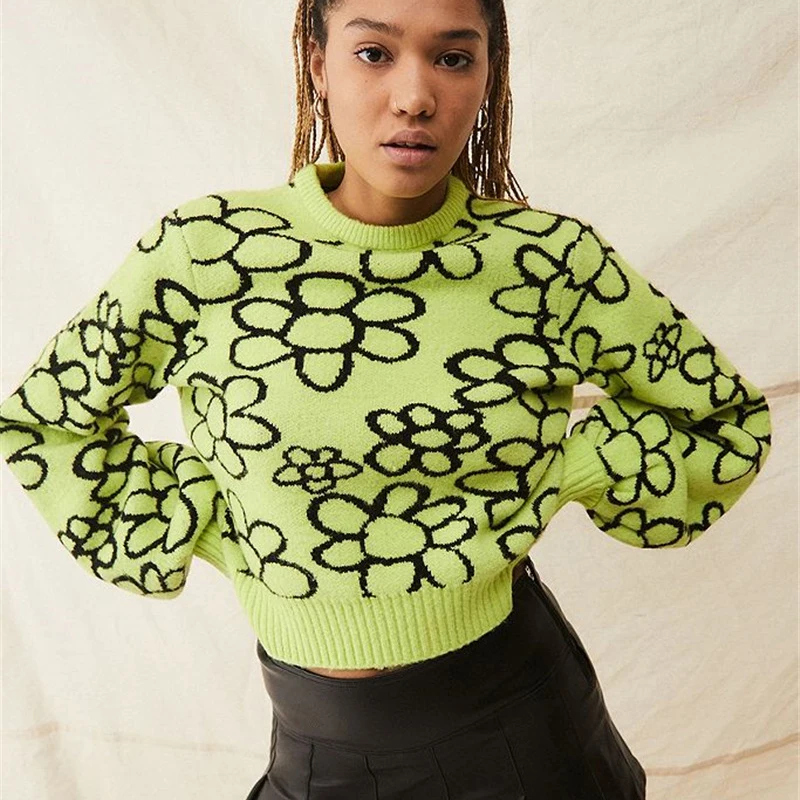 

Floral knit winter y2k vintage Women's sweater High street long sleeve pullovers Kawaii Women's turtleneck Wool soft Warm Tops