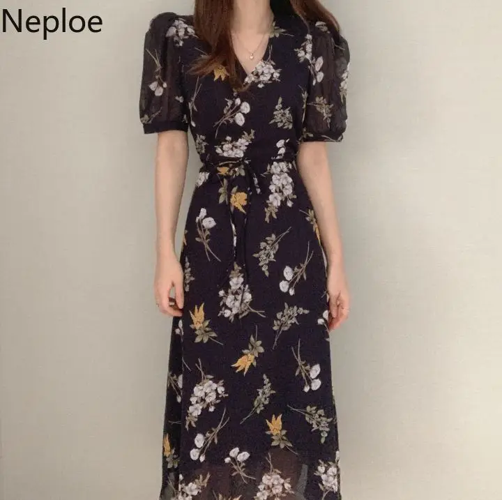Neploe Flower Lace Up Print Dress Women Summer 2020 Elegant V Neck Puff Sleeve Ladies Vestido Fashion Slim Waist Chiffon Dresses | Женская