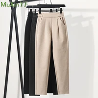 autumn winter warm wool harem pants for women casual high waist packet solid black trousers lady long pant 2021 clothes female