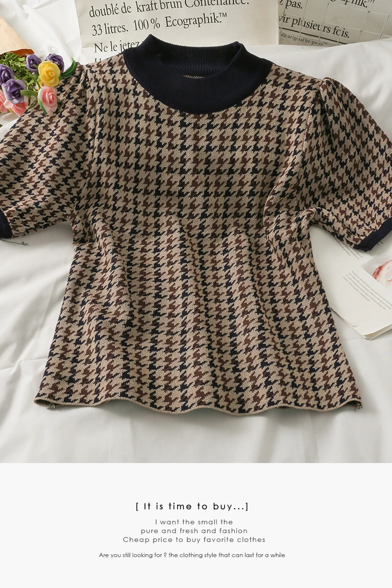 

Retro Houndstooth Color Matching Bubble Sleeve Female 2021 New Temperament All-match Slim T-shirt Top