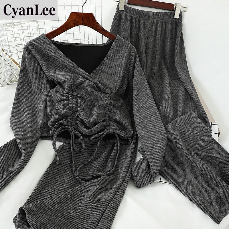 

Women Knitted Lounge Wear Sets 2pcs Crop Top Suit Ladies Tracksuit Set sportswear outfits Casual Streetwear Clubwear