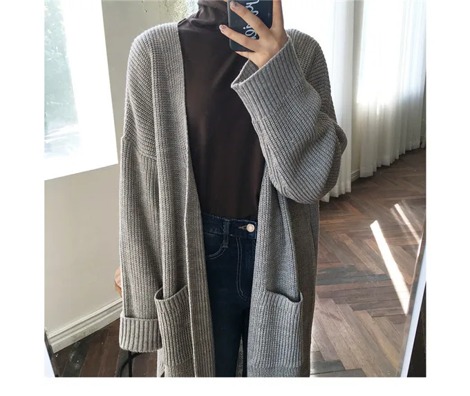 

Vintage Fashio Korean Cardigan 2021 New Autumn Winter Long Sleeve V Collar Loose Big Size Solid Color Women Sweater Coat Tide
