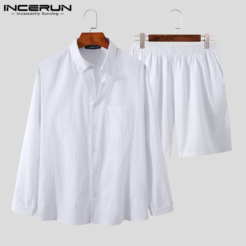 

Модные мужские повседневные комплекты INCERUN, хлопковая уличная одежда 2021, Однотонная рубашка с длинным рукавом и шорты на пуговицах, мужские ...