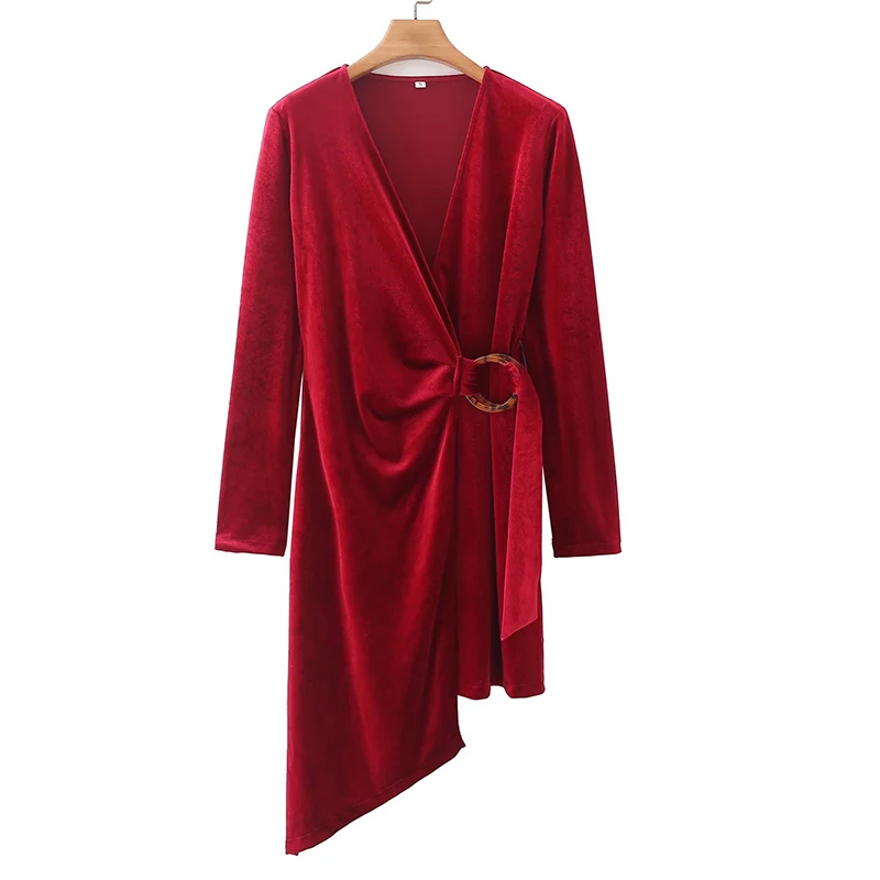 

YENKYE Autumn Women Wine Red Round Buckle Lace Up Wrap Dress Cross V Neck Long Sleeve Velvet Dress Ladies Asymmetrical Vestido