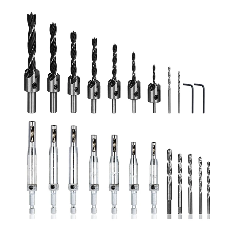 

23PCS/Set 5 Flute Countersink Drill Centering Hinge Drill Bit Wrench Reamer Woodworking Chamfer Drilling Tool