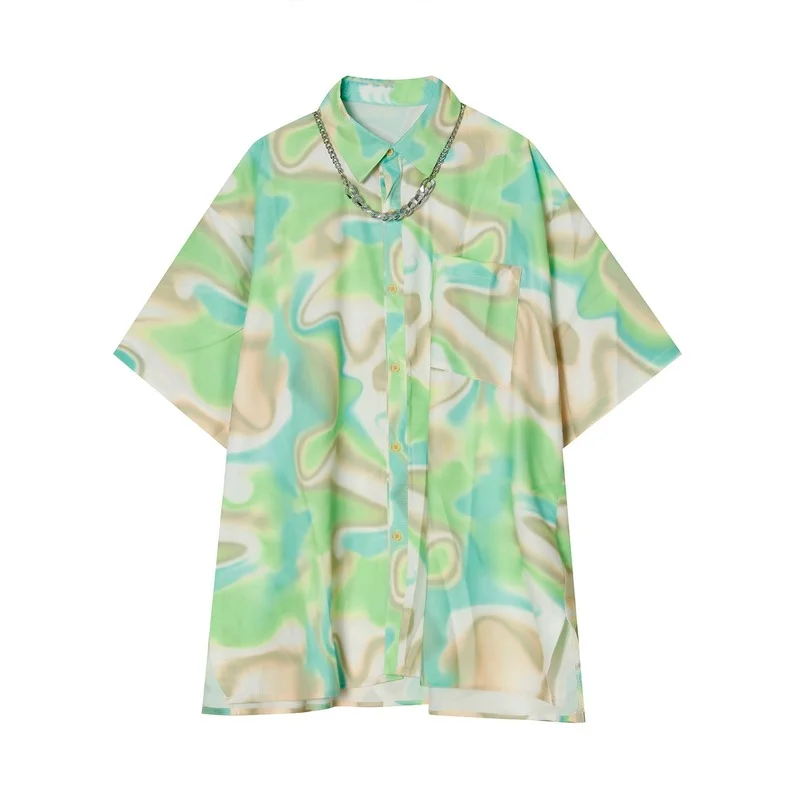 

2021 Summer New Tie Dyed Short Sleeve Floral Print Shirt Men's Loose Design Shirts Trend Oversized Tops with Chian