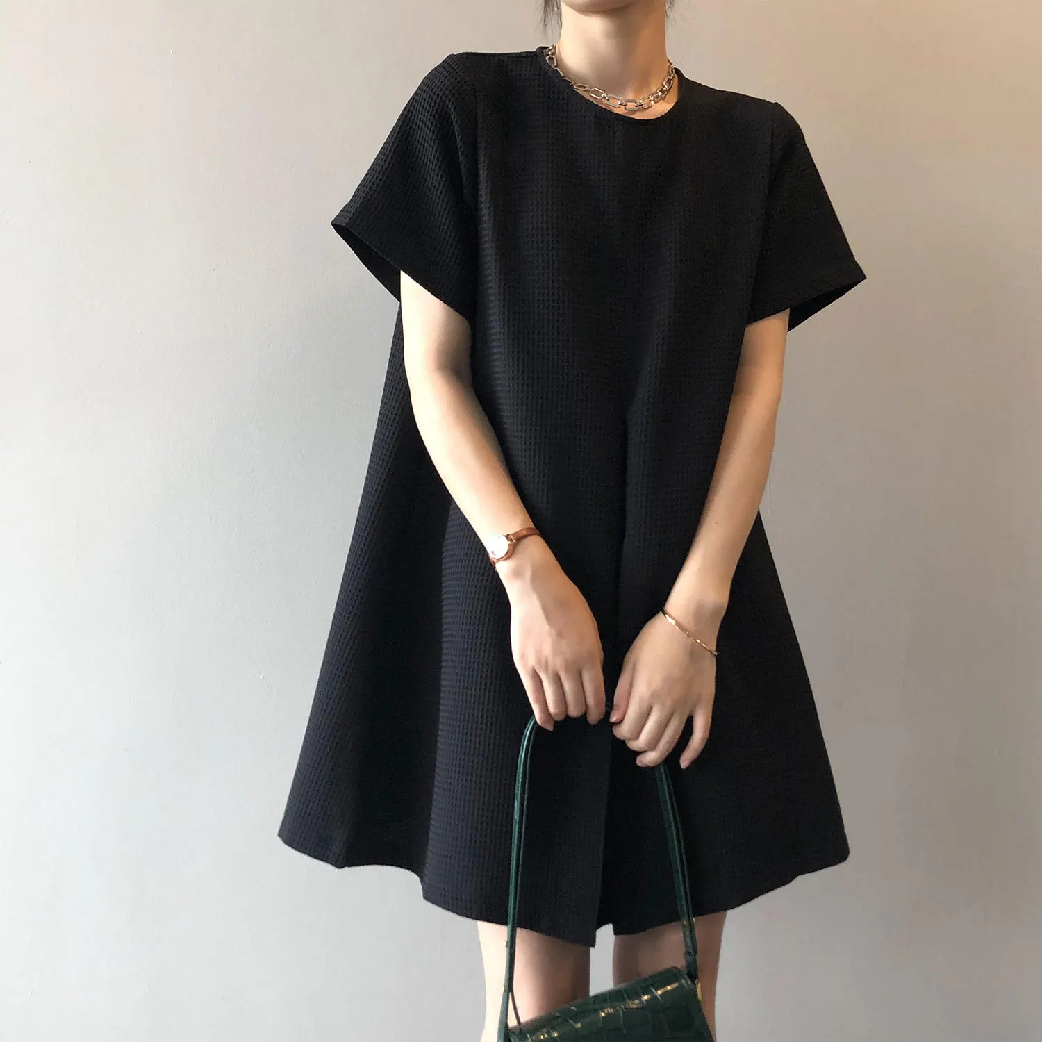 

Casual Black White Summer Dress Women 2021 New Korean Knee-Length Retro Loose A-line Dress 2889