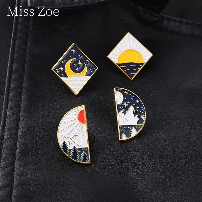 

Sun And Moon Day Night Lapel Pins Couple Collar Badges Half Round Prismatic Iceberg Waves Brooches Jewelry Gift For Friend Lover