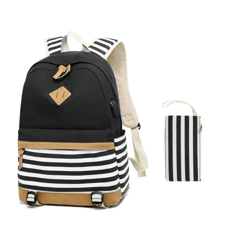 

Lightweight Canvas Backpack, Cute Stripe School Backpack Bookbag for Teen Girls Women with USB Charging Port K5DA