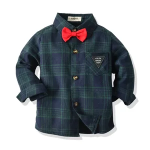 Рубашка для маленьких мальчиков, весна-осень, клетчатый узор, длинные рукава, однобортный Топ с красным галстуком-бабочкой, детская одежда, блузка для мальчиков