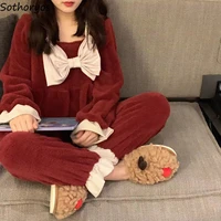 women pajama sets sweet bow long sleeve flannel sleepwear square collar tops winter warm thick loungewear princess pyjamas 2 pcs