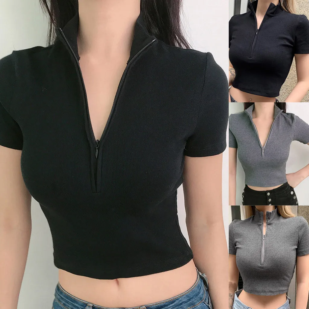 

Blouse Women Blouses Sexy Casual Stand Short Sleeve Ladies Short Slim Solid Top Blusas Mujer De Moda 2021 Blusas