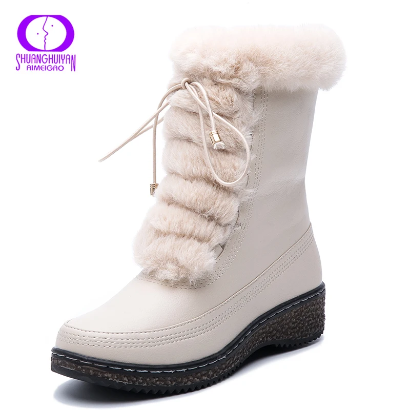 Женские теплые меховые сапоги AIMEIGAO Черные Водонепроницаемые кожаные на