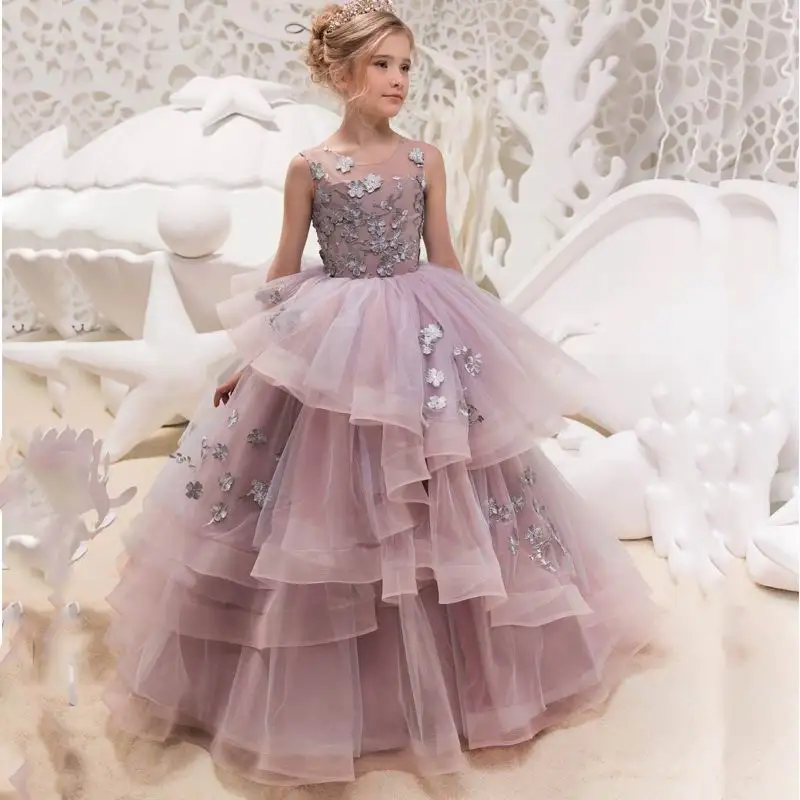 

Girls Evening Dress Applique Flower Party Dress Layered Ball Gown for Wedding Princess Dress Children Clothes 2-13Y GD005