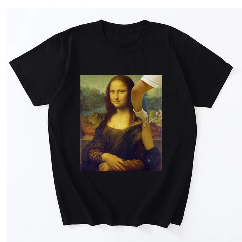 

Mona Lisa Getting A Vaccine Vaccinated T Shirt Casual Cotton T-Shirts The Artist Protects Himself Tops Tee Funny Clothes Gift