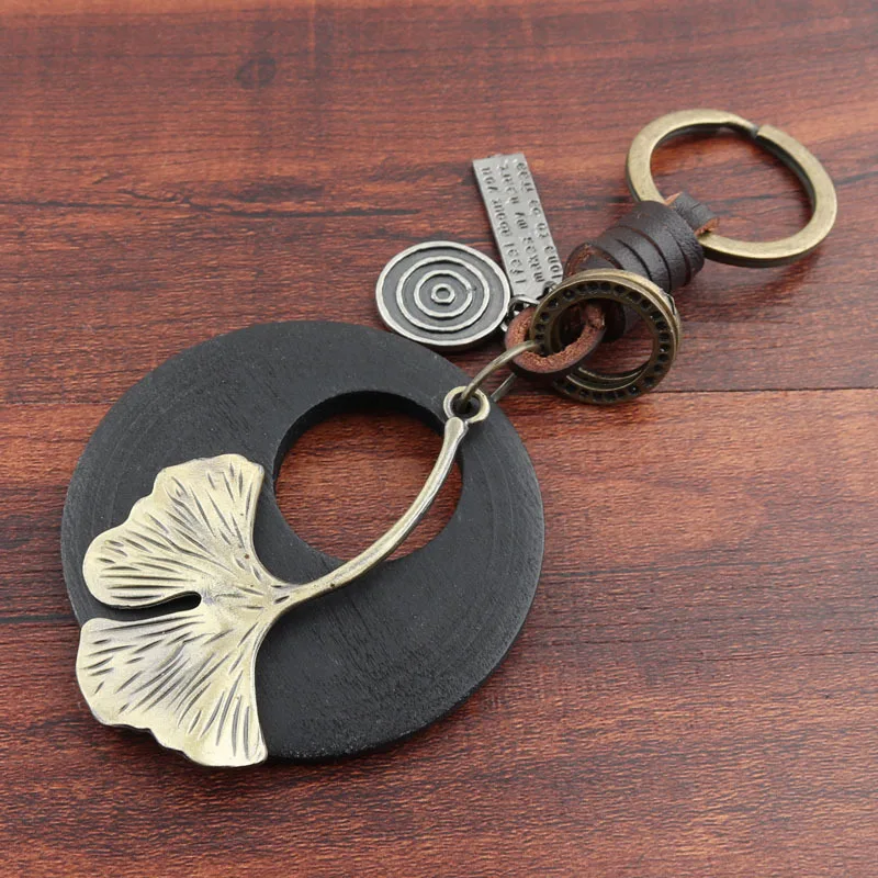 

Brass Ginkgo Leaf Keyring Pendant Vintage Copper Lucky Fower Keychain Charm Chinese Feng Shui Hanging Jewelry Decor