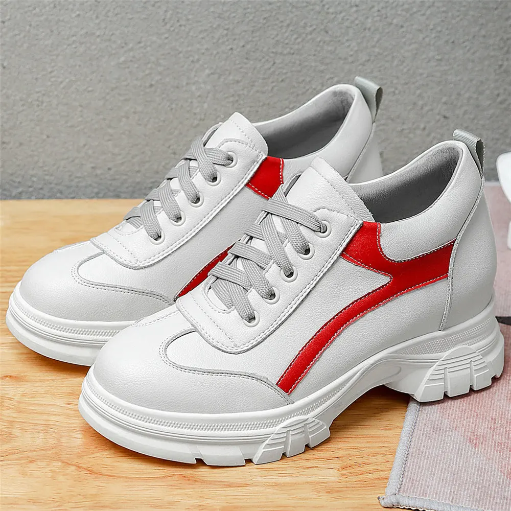 Oxfords Shoes Women Lace Up Cow Leather High Heel Ankle Boots Female Height Increasing Round Toe Fashion Sneakers Casual Shoes
