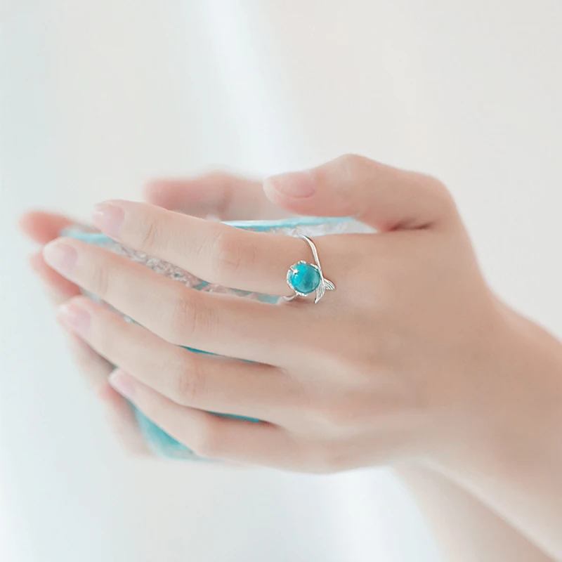 Женское регулируемое кольцо-хвост русалки с голубым кристаллом и пузырчатым