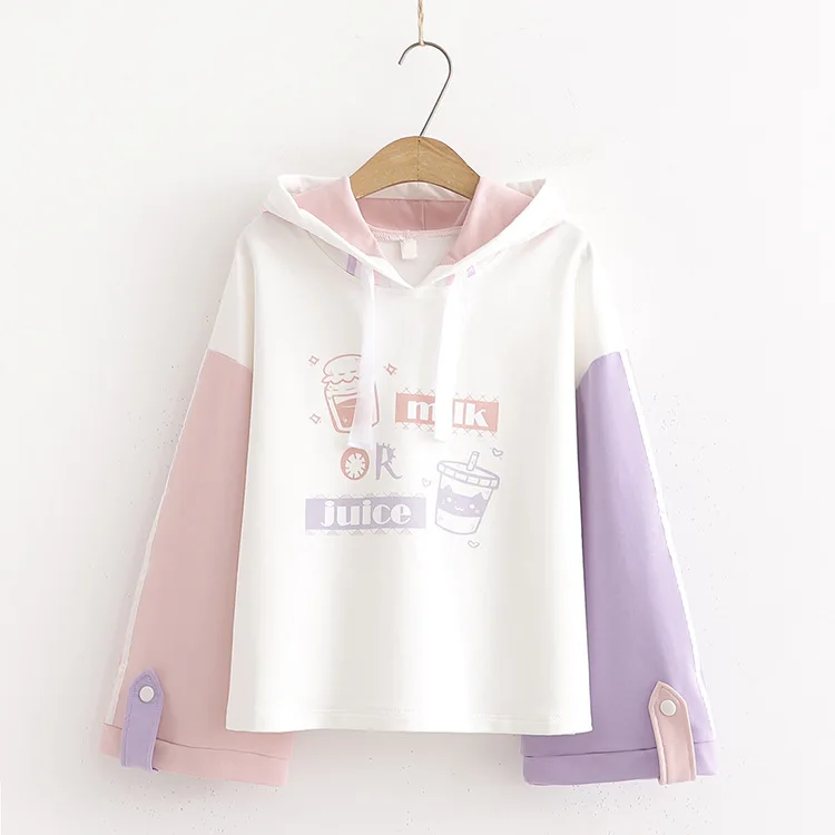 Merry Pretty Хлопковые женские толстовки Harajuku с мультяшным принтом толстовки зимние спортивные костюмы с капюшоном и длинным рукавом контрастных цветов - Цвет: Белый