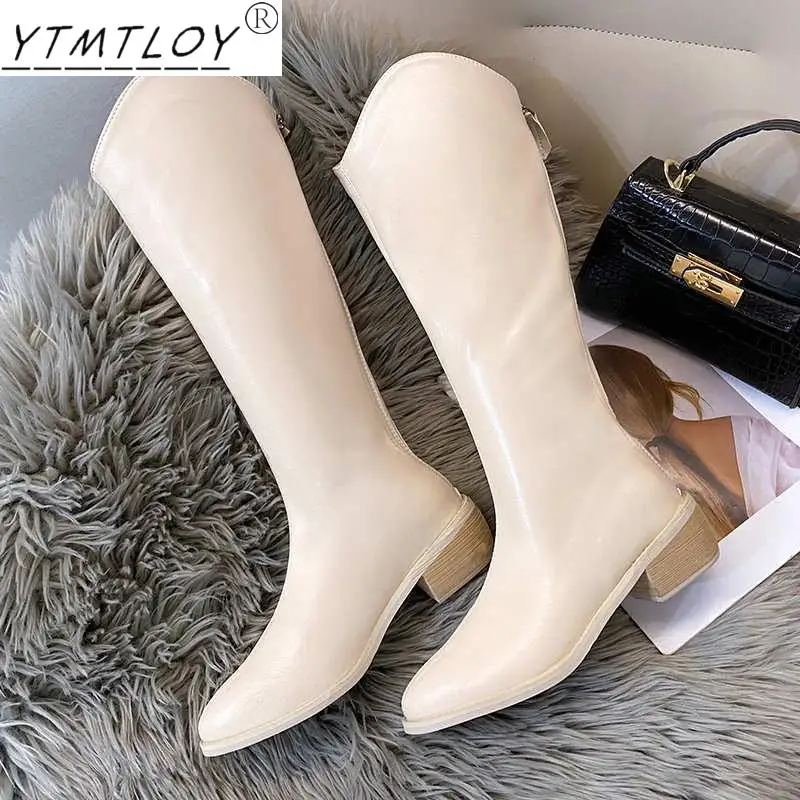 

Женские сапоги из искусственной кожи, зимние ковбойские сапоги до колен с острым носком, на высоком каблуке, 2021