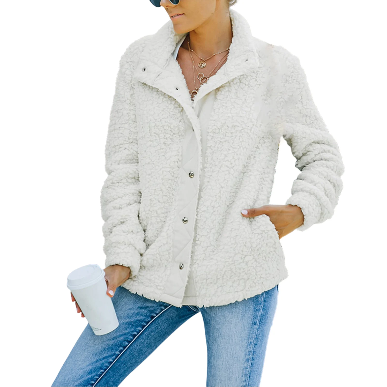 

Female Coat, Solid Color Stand Collar Long Sleeve Jacket with Pockets for Women, Black/Army Green/Beige, S/M/L/XL