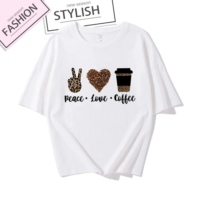

Fashion Women T Shirt Leopard Peace Love Coffee Graphic Aesthetic Tops Casual Cotton O-neck T-shirt Female Tee Shirts Streetwear