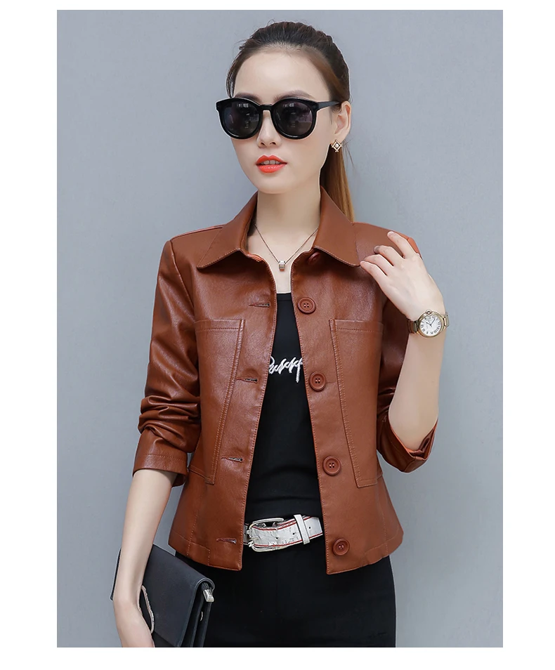 Приталенная короткая мотоциклетная куртка из искусственной кожи, Женское пальто, Женская Базовая Байкерская коричневая верхняя одежда из искусственной кожи, Весенняя верхняя одежда, короткая XXL