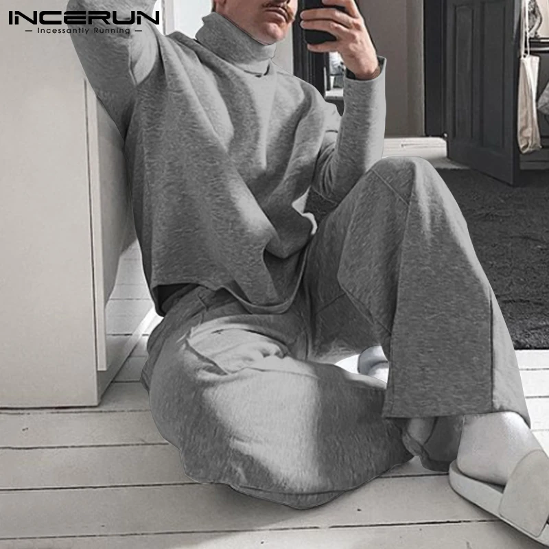 

Fashion Men Sets Solid Color Streetwear Turtleneck Long Sleeve Sweatshirts & Elastic Waist Pants 2022 Casual Men Suits INCERUN