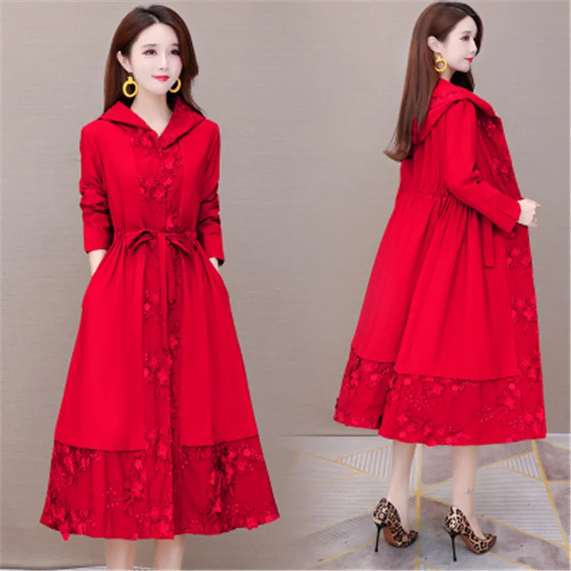 Женская ветровка с капюшоном и кружевом винтажная Длинная вышивкой 2021 - купить по