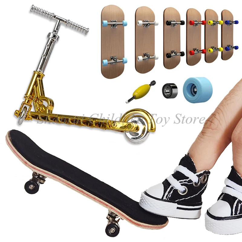 Tech Finger Skateboard Wood Set Two Wheel Mini Scooter Deck Fingerboard Shoes Skateboarding Sneaker Novelty Toys Game Gift Boys