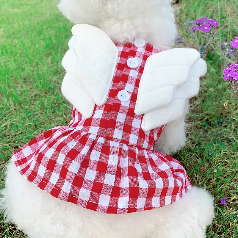 

Spring, Summer, Autumn Cute Three-dimensional Little Wing Thin Tartan Skirt Teddy/Pomeranian Schnauzer Pet Small Dog Clothes
