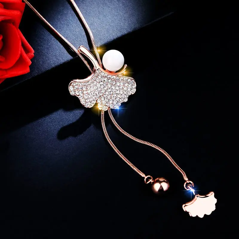 

Ginkgo leaf Sweater chain long imitation pearl necklace for women autumn winter versatile fashion personality accessories