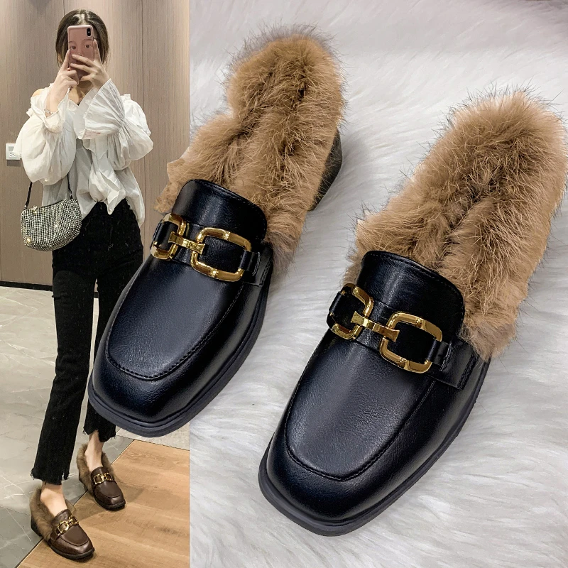 

Metal Chains Leather Flats Winter Loafers Women Shoes Winter Warm Mules Celebrity Fur Flat Creepers Soft Heel Moccasins Mujer