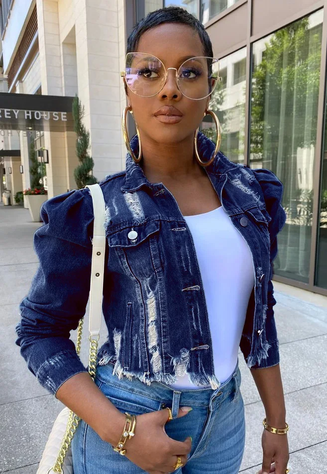 

Autumn Women Sexy Ripped Denim Jackets 2021 Vintage Casual Short Jean Jacket Puff Sleeve Winter Female Coat Streetwear Plus Size