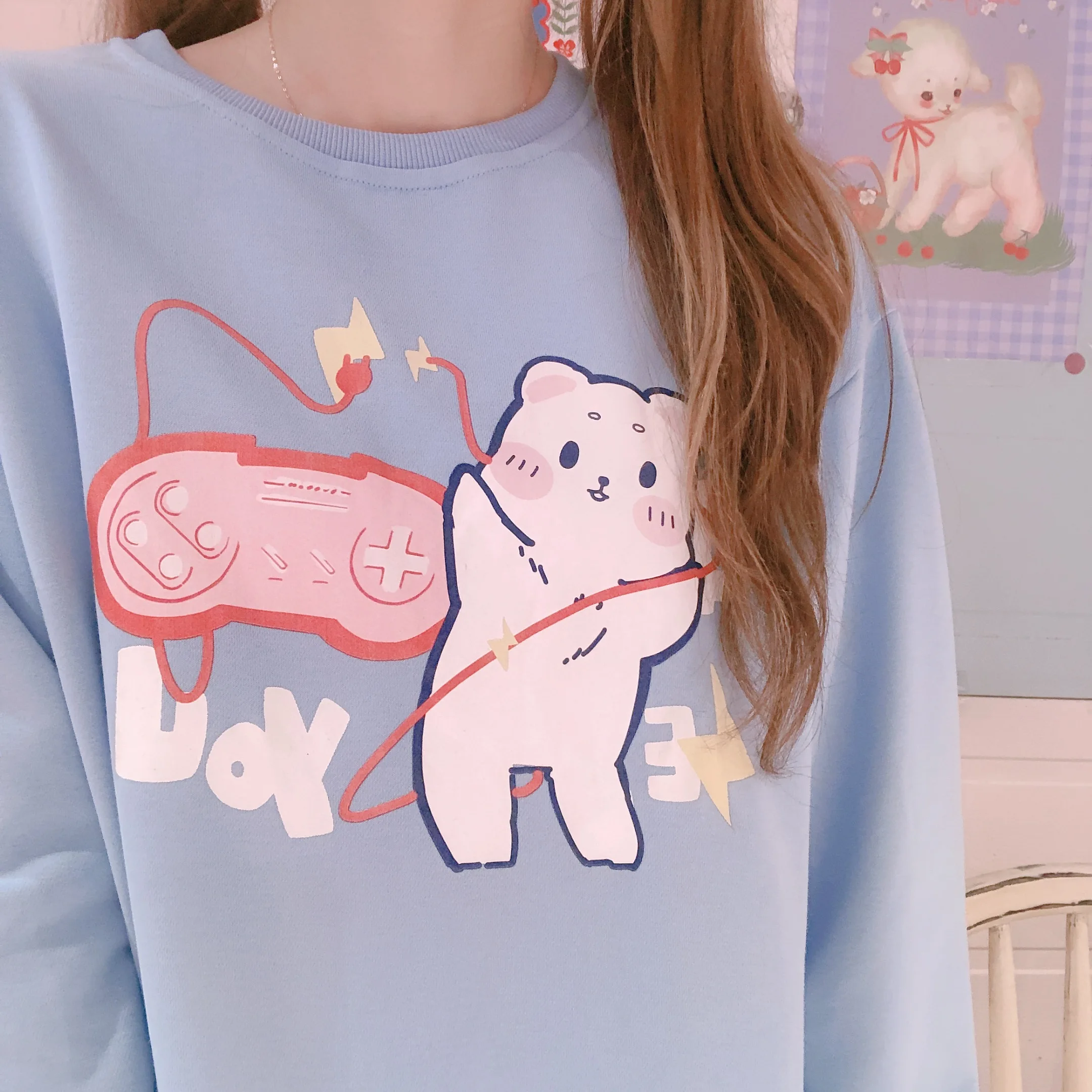 

Early Autumn Pullover Women Small Fresh Soft Sister Loose Cartoon Pattern Print Hoodies Girls O-Neck Long Sleeve All-Match Tops